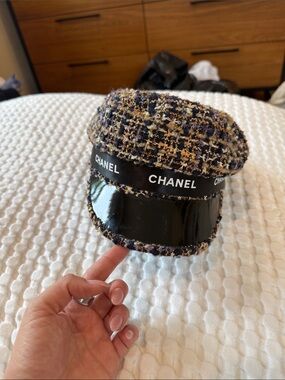 CHANEL Multicolor Tweed Baker Boy Cap with Black Patent Brim